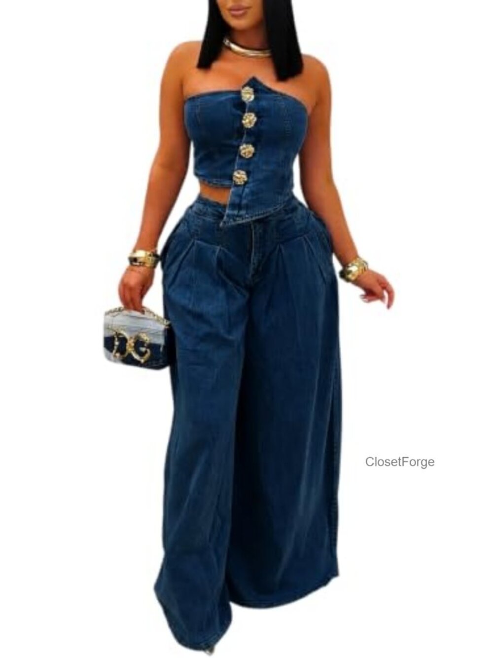 Women's Denim Two Piece Set Asymmetrical Tube Top Wide Leg Pants